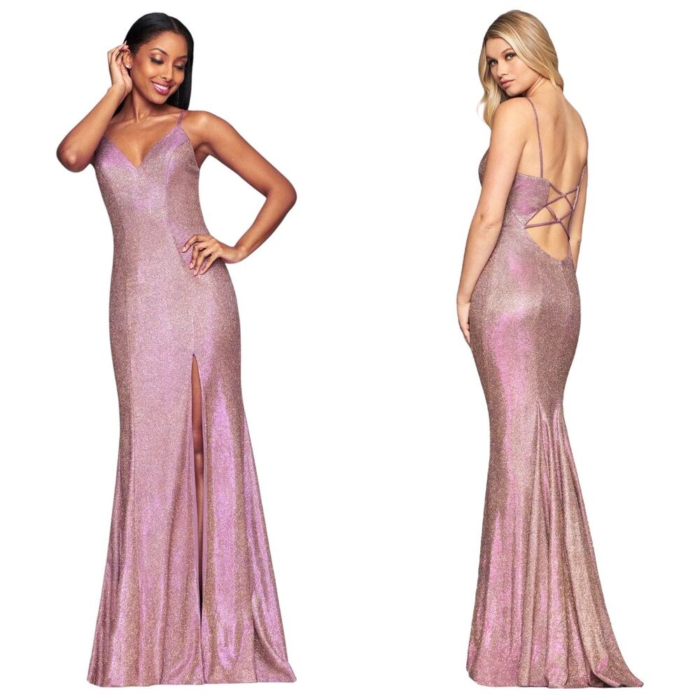 Faviana Pink Metallic Slip Gown Open Back Slit Dress XS S